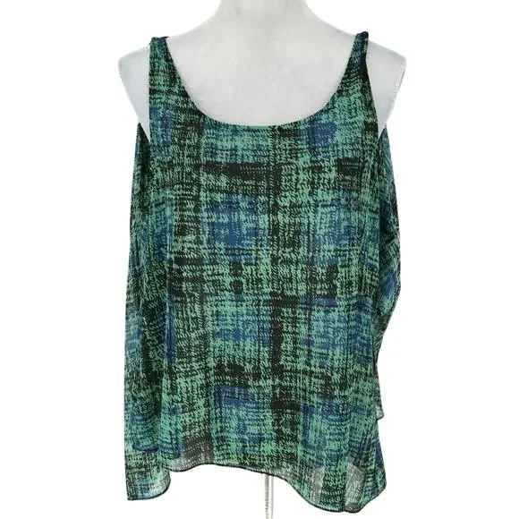 Cabi Top Womens Medium Green Blue Plaid Blouse Sheer Tank Liner attached - Picture 10 of 13
